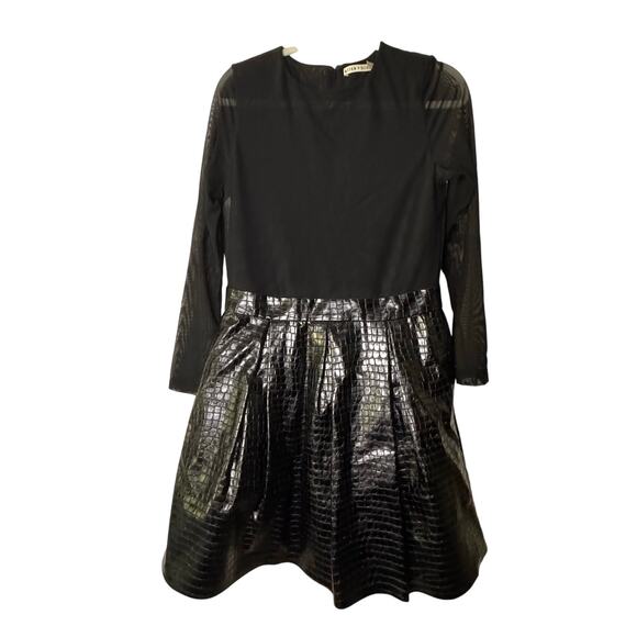 Alice and Olivia Chara Faux Leather Party Dress Pleated Skirt Mini Black Sheer - Picture 2 of 7